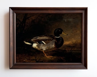 Antique Mallard Duck Painting by Water, Vintage Wildlife Bird Art Print – Framed or Unframed.