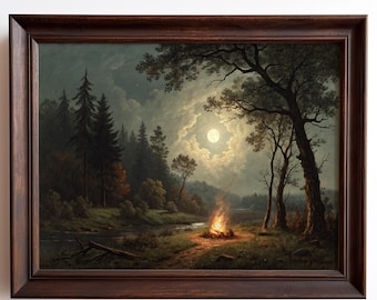 Campfire Forest Art Print For Wall Vintage Oil Painting Of Forest Moonlight Camping Camp Fire Illustration Framed Artwork Rustic Decor With