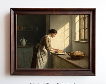 Woman Baking Bread Painting, Victorian Artwork For Kitchen With Frames, Framed Prints of Baking, Kitchen Wall Decor