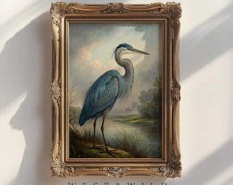 Vintage Blue Heron Print Wall Art, Classic Art Of Great Blue Heron, Bird Illustrations, Farmhouse Decor for Gallery, With Frames Option