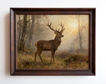 Majestic Stag in Forest Art Print – Vintage Woodland Wall Art for Lodge or Cabin Decor