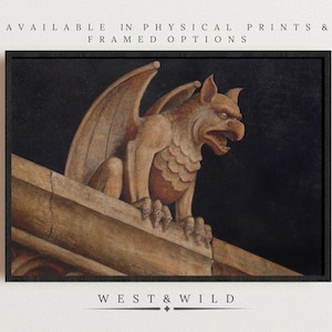 Vintage Gargoyle on Ledge Art Print with Frames or Framed - Gothic Architectural Illustration for Eclectic Wall Decor and Dark Academia
