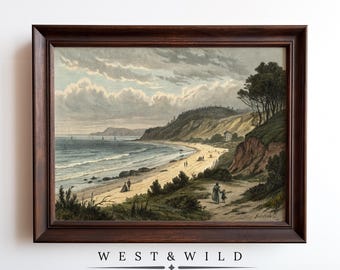 Tranquil Beach Wall Art Print, Victorian Painting of Beach, Illustrations For Antique Style, With Frames