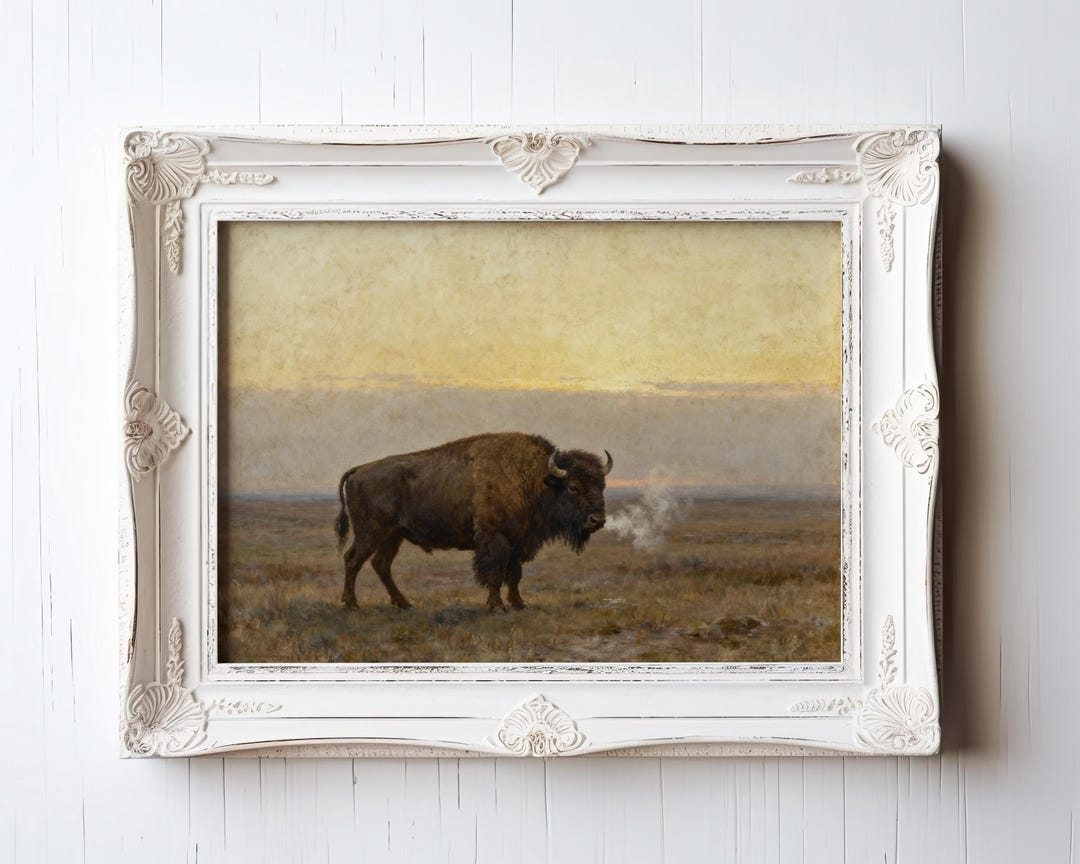 Antique Style Bison Painting on the Plains, Vintage Western Wildlife ...