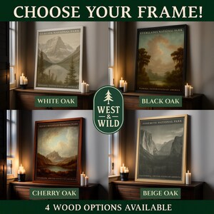The image is an advertisement for four different framed landscape paintings, each depicting a different national park. The paintings include White Oak, Black Oak, Cherry Oak, and Beige Oak, each with a different color scheme and style. The text on the image reads "Choose Your Frame! 4 WOOD OPTIONS AVAILABLE" and "EVERGLADES NATIONAL PARK, FLORIDA, UNITED STATES OF AMERICA".