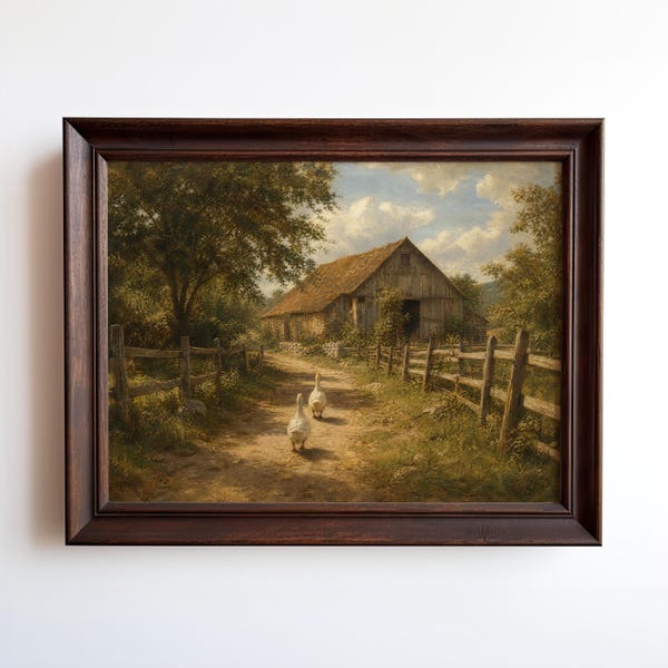 Geese on Country Barn Road Art Print | Rustic Farm Landscape Wall Art | Farmhouse Decor | Framed or Unframed
