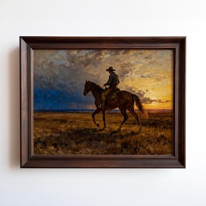 Cowboy Riding Across the Open Range, Vintage Western Art Print of the American West – Framed or Unframed.