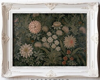 Vintage Pale Pink Dahlia Painting | Art Of Dahlia| Dark Green Botanical Wall Decor | Framed Floral Pattern Art For Wall With Flowers