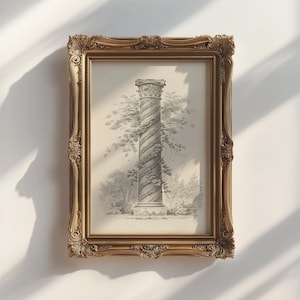 May include: A framed print featuring a detailed pencil drawing of a classical column entwined with foliage. The artwork is set within an ornate, gold-colored frame, adding a touch of vintage elegance. The overall aesthetic is reminiscent of classical art.
