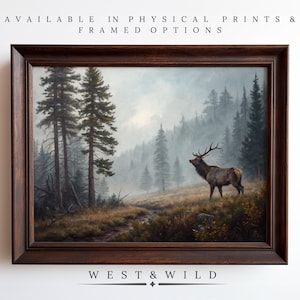 Elk Art Print, Oil Painting Of Elk In Forest, Vintage Style Wildlife Artwork, Gift For Hunter, Hunting Art, Framed Or Print Only immagine 1