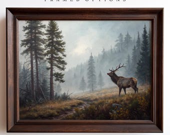 Elk Art Print, Oil Painting Of Elk In Forest, Vintage Style Wildlife Artwork, Gift For Hunter, Hunting Art, Framed Or Print Only
