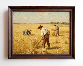 May include: A framed painting depicts three figures harvesting wheat in a sunlit field. The artwork features a dark brown wooden frame. The farmers are dressed in work clothes and hats, with bundles of wheat scattered throughout the field.