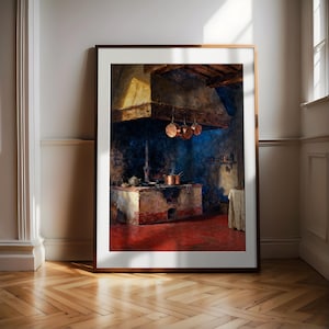 May include: A framed print of a vintage kitchen scene. The artwork depicts a brick oven with copper pots hanging above. The floor is a deep red, and the walls are a light beige. The overall aesthetic is rustic and warm.