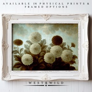 Vintage Dahlia Painting | Cream and Brown Floral Art | Cloud Sky Botanical Wall Decor | Framed Classic Botanical Art | With Frames For Wall
