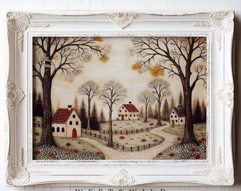 Folk Art Country Village Art Print - Primitive Cottage Landscape Painting - Framed Art - Rural Folk Illustration - Farmhouse Wall Art