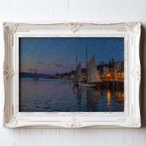 The image is a painting of a serene harbor at night, with sailboats gently floating on the calm water under a dark blue sky.