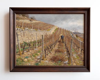 Winter Vineyard Pruning Art Print | French Wine Country Painting | Farmhouse Decor | Framed or Unframed