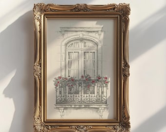 Elegant French Balcony with Flower Illustration - Vintage Window Art Print for Chic Home Decor - French Architecture Wall Art Prints