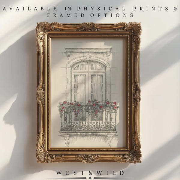 Elegant French Balcony with Flower Illustration - Vintage Window Art Print for Chic Home Decor - French Architecture Wall Art Prints