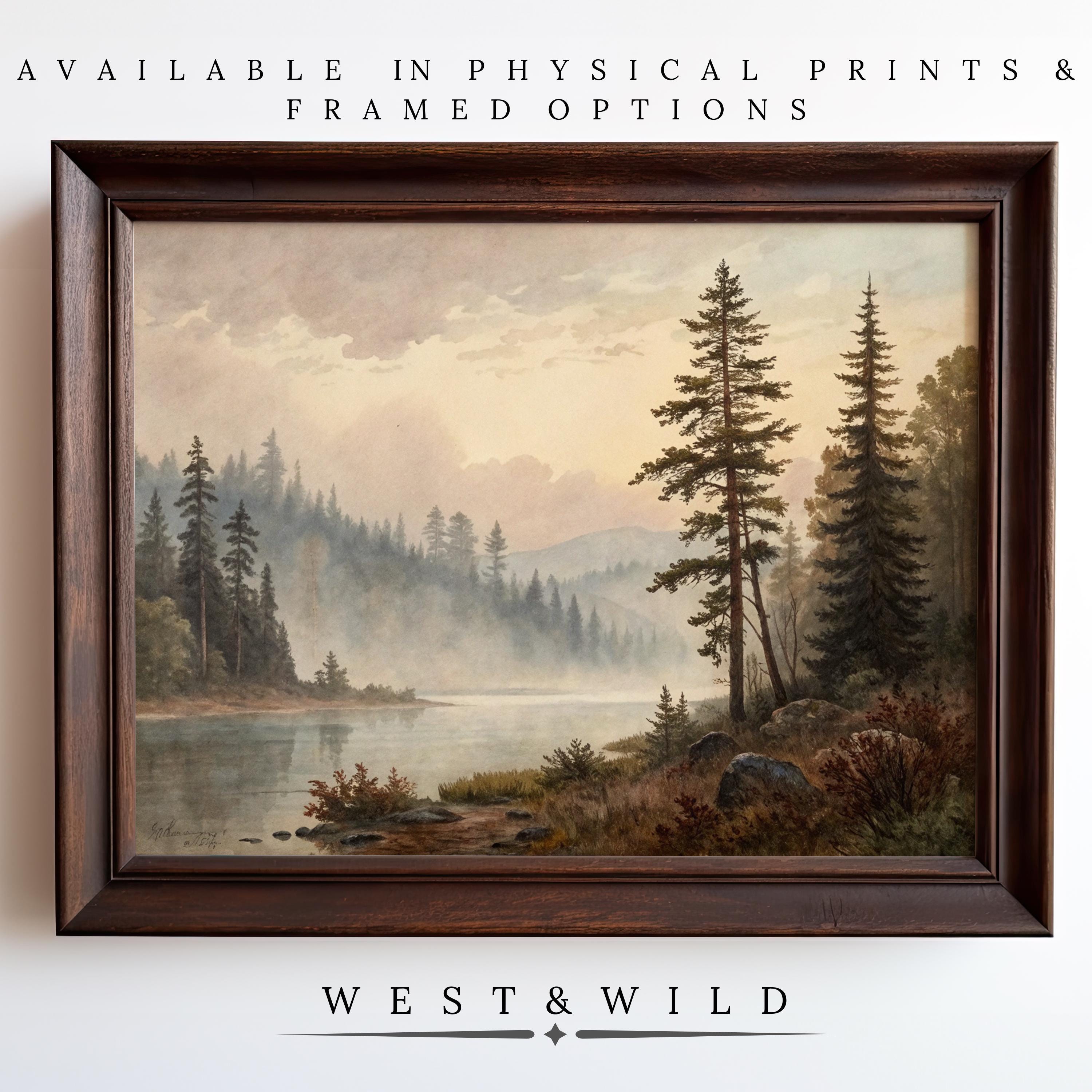 Misty Lake Art Painting, Pine Forest Wall Art, Mountain Lake Artwork, Rustic Home Decor, Painting For Cabin With Frames