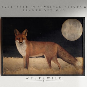 Vintage Fox Under Moonlight Art Print with Frames or Framed - Nocturnal Wildlife Illustration for Rustic Wall Decor and Nature Lovers