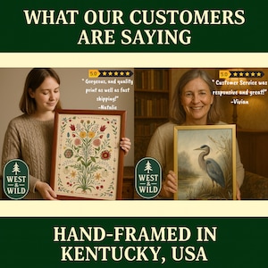 The image is a collage of two photos featuring two women holding framed artworks. The text above the collage reads "WHAT OUR CUSTOMERS ARE SAYING" and "HAND-FRAMED IN KENTUCKY, USA".