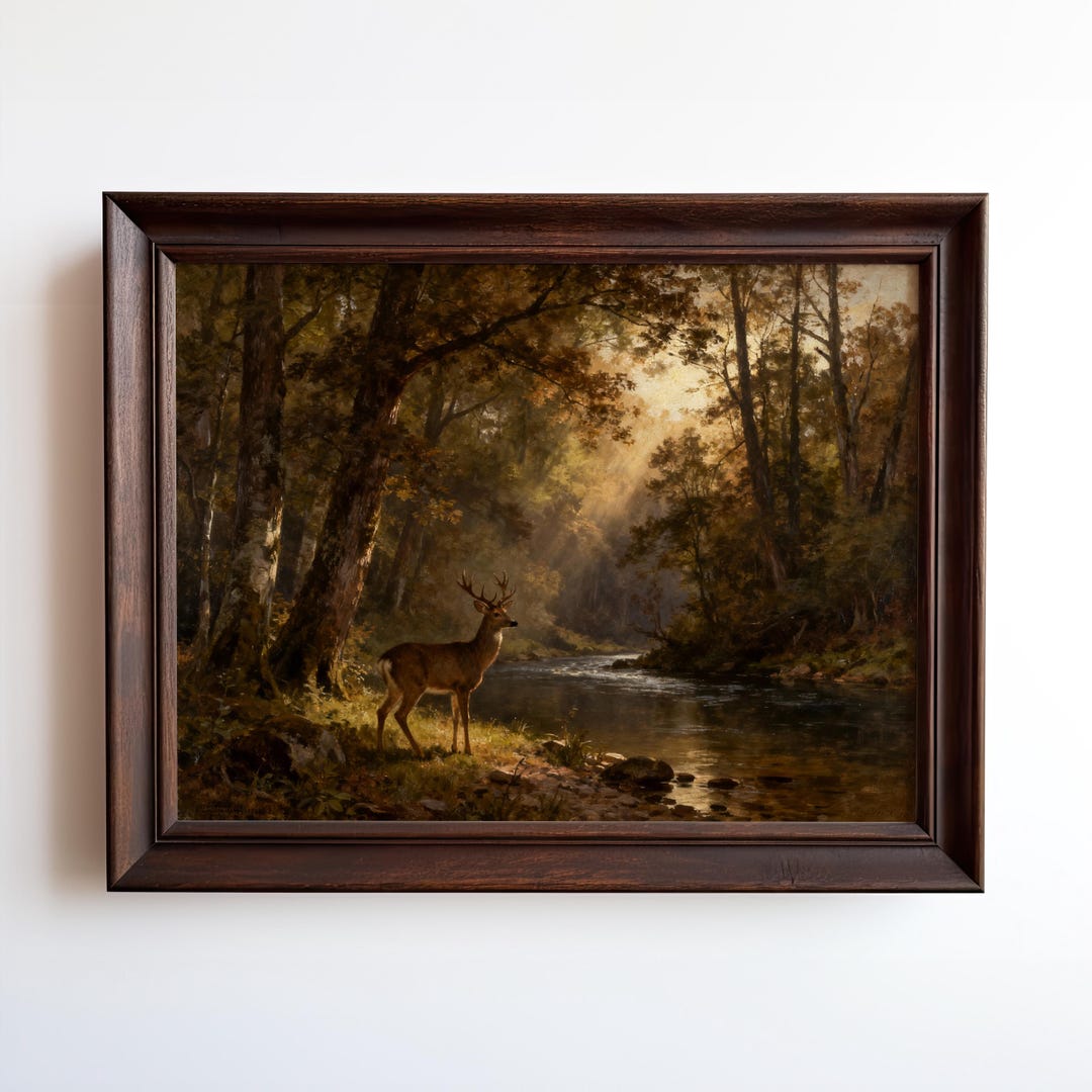 Deer by the River Art Print – Vintage Woodland Landscape, Rustic Cabin ...