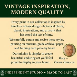 The image is a promotional poster for a company called "Vintage Inspiration, Modern Quality". It features a man's portrait, a quote from the owner, and a description of the company's mission.
