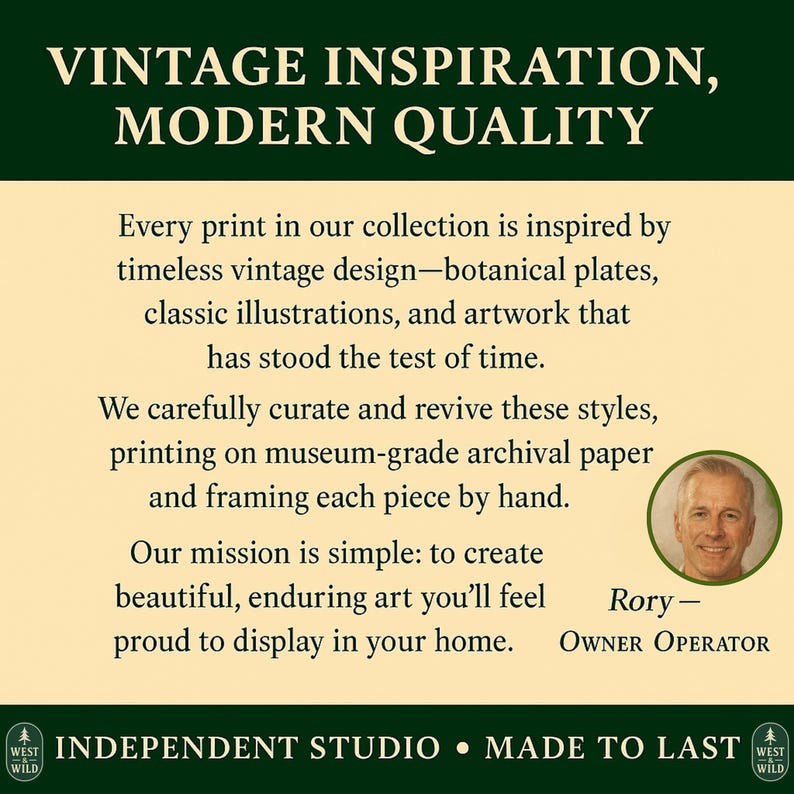 The image is a promotional poster for a company called "Vintage Inspiration, Modern Quality". It features a man's portrait, a quote from the owner, and a description of the company's mission.