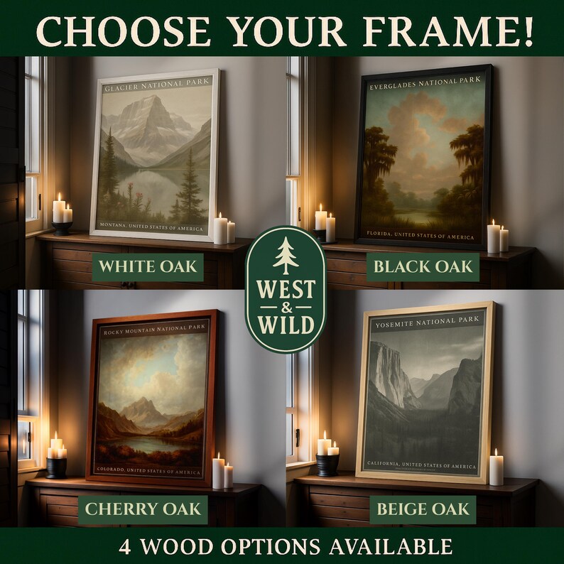 The image is an advertisement for four different framed landscape paintings, each depicting a different national park. The paintings include White Oak, Black Oak, Cherry Oak, and Beige Oak, each with a different color scheme and style. The text on the image reads "Choose Your Frame! 4 WOOD OPTIONS AVAILABLE" and "EVERGLADES NATIONAL PARK, FLORIDA, UNITED STATES OF AMERICA".