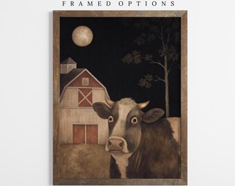 Whimsical Cow And Barn Print - Folk Art Farm Animal Wall Art - Primitive Country Decor - Farmhouse Illustration- Farm Kitchen Art
