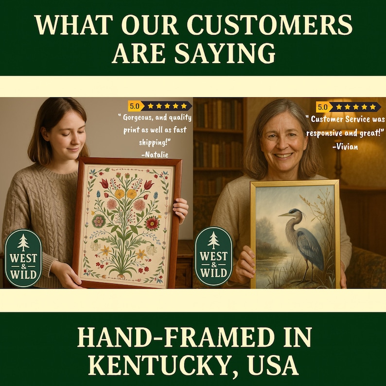 The image is a collage of two photos featuring two women holding framed artworks. The text above the collage reads "WHAT OUR CUSTOMERS ARE SAYING" and "HAND-FRAMED IN KENTUCKY, USA".