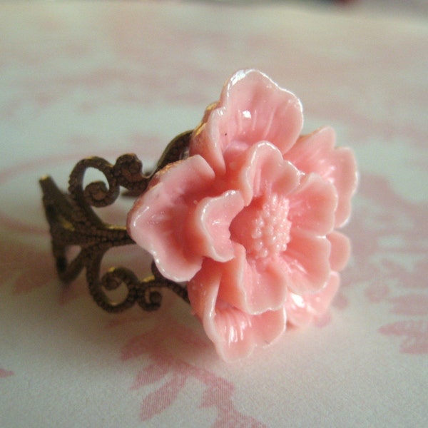 Cherry Blossom In Light Pink Fancy Brass Adjustable Ring