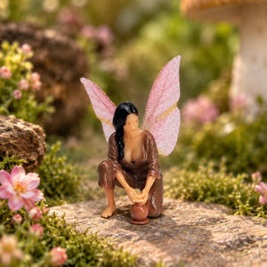 May include: A miniature figurine of a person with long black hair and translucent pink wings, wearing a brown outfit, crouching down and holding a small brown pot. The figure has a detailed facial expression and is positioned in a kneeling pose.