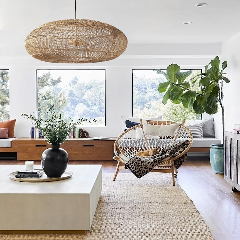 Elisa Japandi Minimalistisk Hängande Lampa i Rotting. Rustik Boho Hängande Lampa för Sovrumsinredning, Köksö. Hängande Lampa i Rotting bild 2
