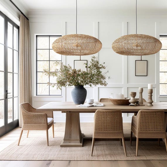 Elisa Japandi Minimalist Rattan Hanging Light Fixture. Rustic Boho Pendant Light for Bedroom Decor, Kitchen Island. Wicker Hanging Lamp