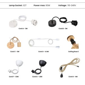 May include: Assortment of lamp socket cords in various styles. Includes white, black, and wooden fixtures with different cord lengths, labeled A through H. The image also shows the lamp socket type, power max, and voltage.