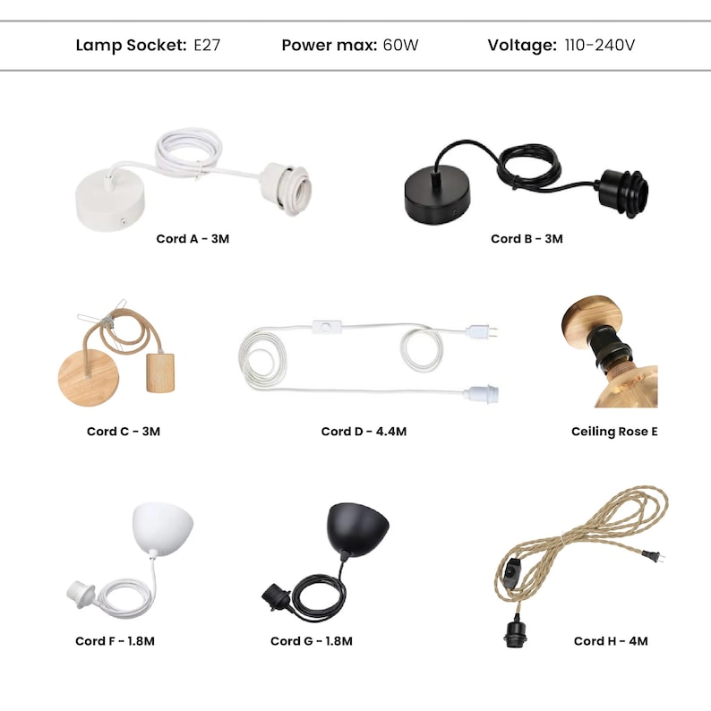 May include: Assortment of lamp socket cords in various styles. Includes white, black, and wooden fixtures with different cord lengths, labeled A through H. The image also shows the lamp socket type, power max, and voltage.