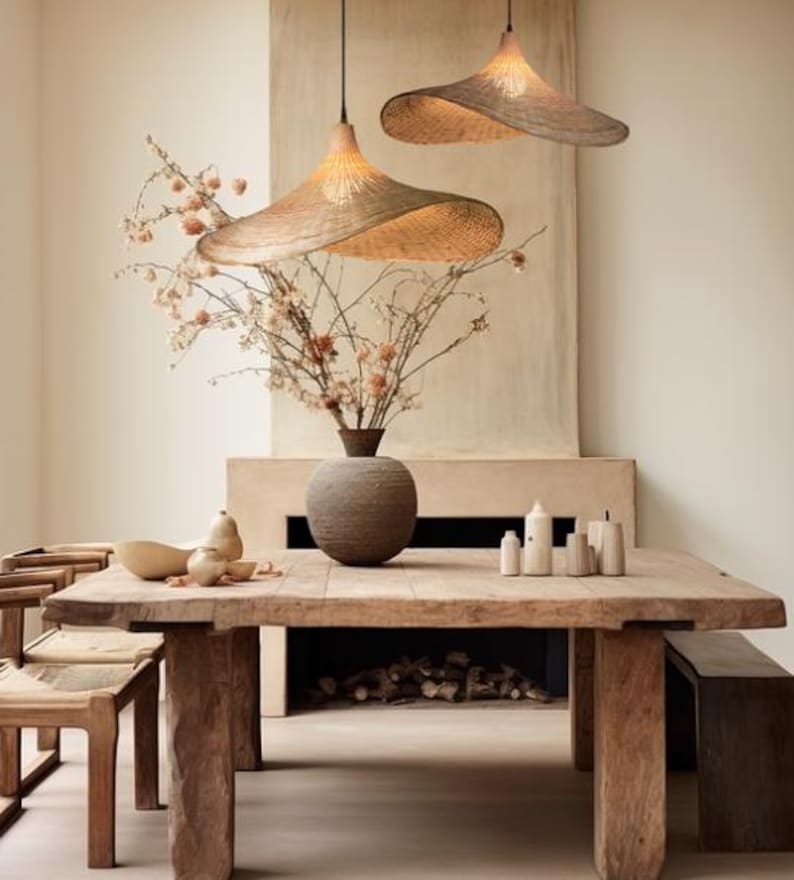 Carolina Curve Hat Rattan Pendant Light – Handmade Wicker Hanging Lamp, Boho Japandi Coastal Ceiling Light for Kitchen Island or Dining Room image 2