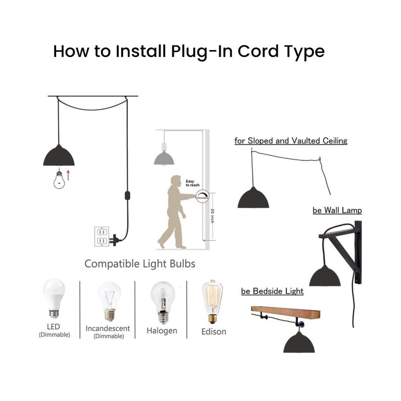 May include: Diagram illustrating how to install a plug-in cord type light fixture. The image shows different installation methods, including for sloped ceilings and as a wall lamp. It also lists compatible light bulbs: LED, incandescent, halogen, and Edison.