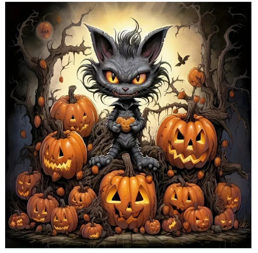 SPOOKY/SCARY * Halloween Black Cat With Pumpkins * 5D Diamond Painting ...