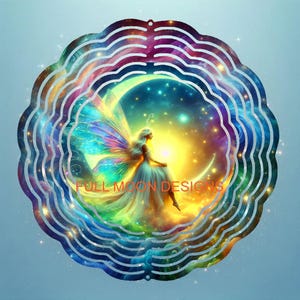 May include: A decorative metal art piece featuring a celestial scene. A fairy with colorful wings sits on a crescent moon, set against a vibrant galaxy backdrop. The text "FULL MOON DESIGNS" is visible.