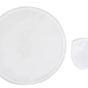 May include: A white handheld fan with a white fabric cover and a white plastic handle. The fan is round and has a diameter of approximately 12 inches.