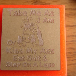 May include: A square, orange block with a light brown, engraved plaque. The plaque features a unicorn illustration and the text "Take Me As I Am Or Kiss My Ass Eat Shit & Step On A Lego."