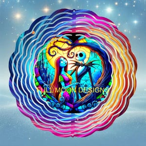 May include: A colorful, layered wind spinner featuring Jack Skellington and Sally from The Nightmare Before Christmas. The central image shows the couple in a heart-shaped tree, with a stained-glass effect. The text "FULL MOON DESIGNS" is visible.