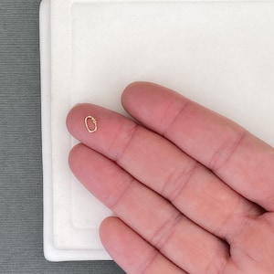 May include: A small, oval-shaped gold-toned metal spring ring clasp featuring a hinged mechanism. The jewellery component is metallic with a polished finish and is shown resting on a fingertip to demonstrate its diminutive scale and size.