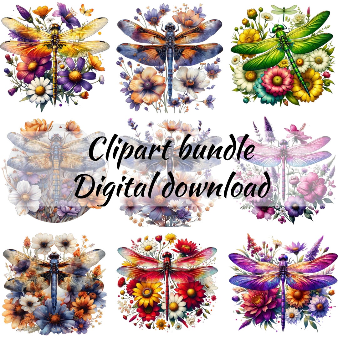 Watercolor Dragonfly Floral Clipart Sublimations Bundle, Insect PNG ...