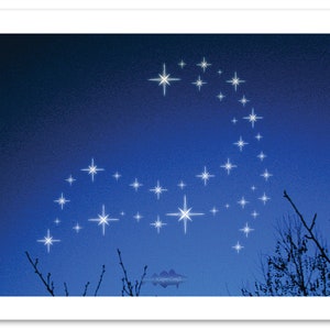 May include: A digital art print featuring a constellation of stars against a gradient blue background. The stars are arranged in a curved shape, with a few bare tree branches at the bottom. The artwork has a dreamy, celestial theme.