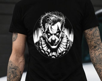 Sinister Clown T-Shirt Creepy Horror Design Tattooed Evil Clown Graphic Tee Vintage Halloween Scary Circus Art Dark Carnival Alternative