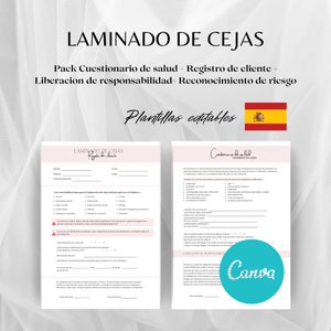 May include: Two printable forms for eyebrow lamination services. The first form is a client intake form with a title "Laminado de cejas" and the second form is a health questionnaire with a title "Cuestionario de salud". Both forms are in Spanish.